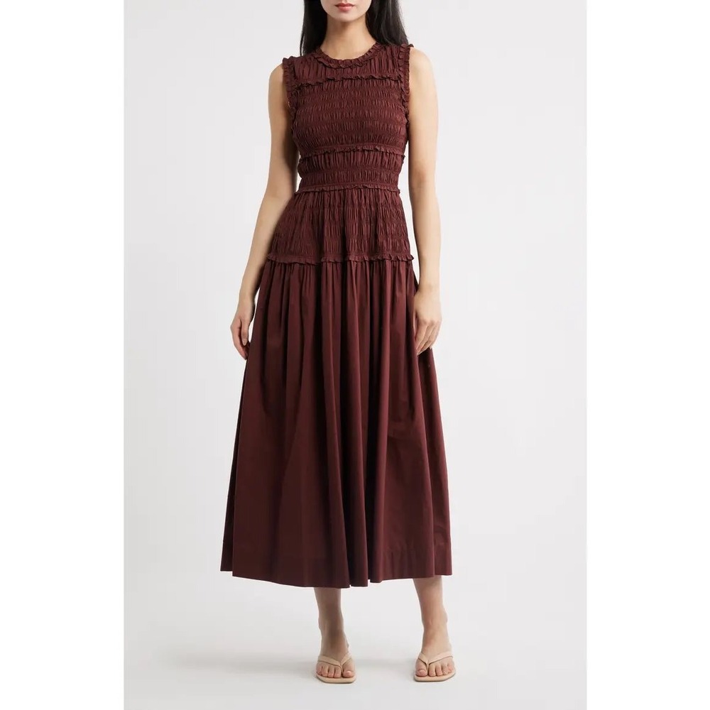 Ivy City Co Women Midi Dress 1X Brown Simone Smocked Ruffle Pockets Cottage